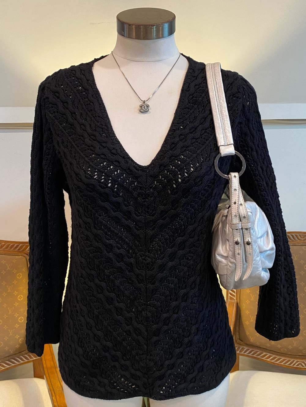 Vintage 90s Black Cotton Cable Knit V-Neck Sweater, Women’s Medium